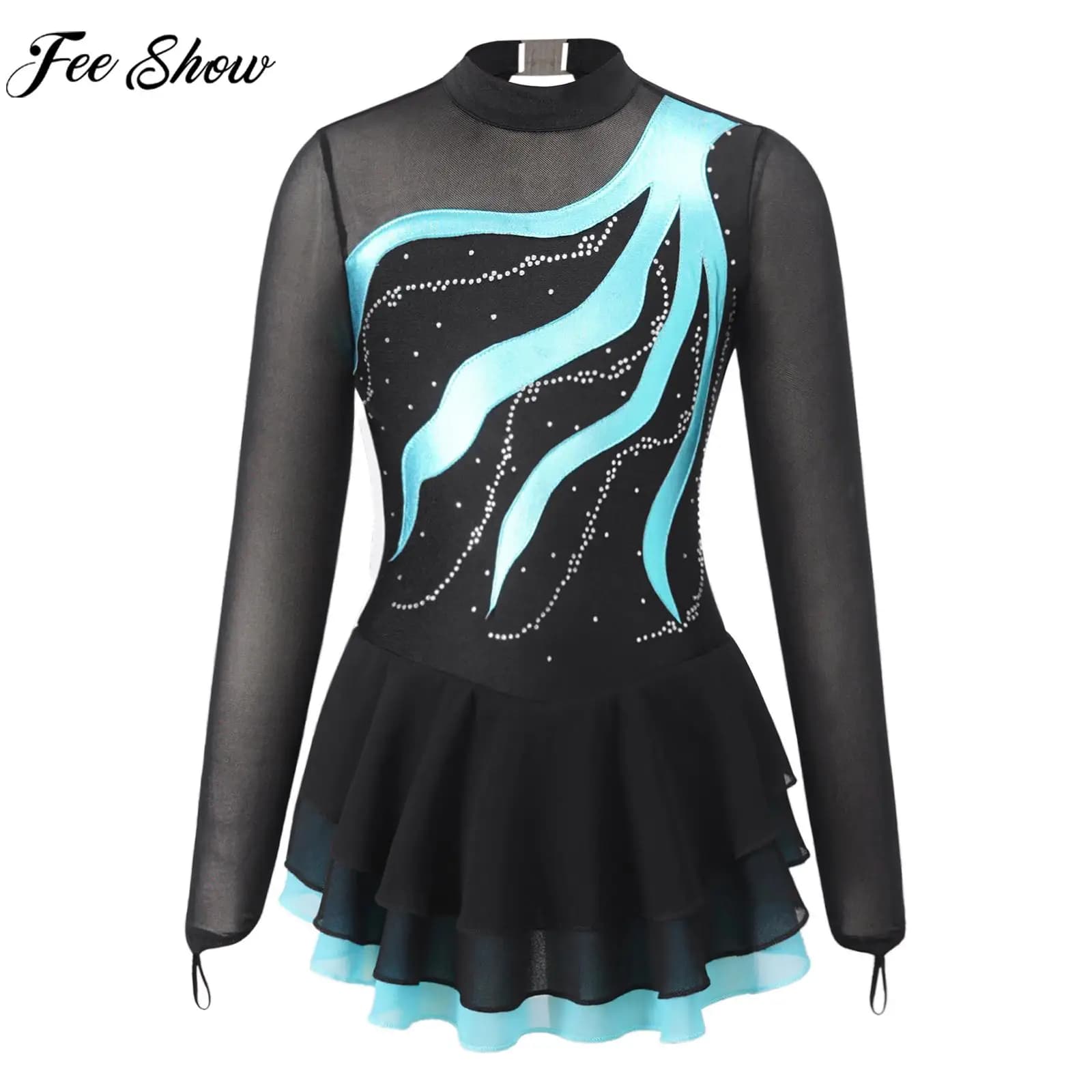 Bambini ragazze balletto danza Tutu pattinaggio di figura vestito ginnastica body manica lunga strass lucido abiti a rete trasparente Dancewear