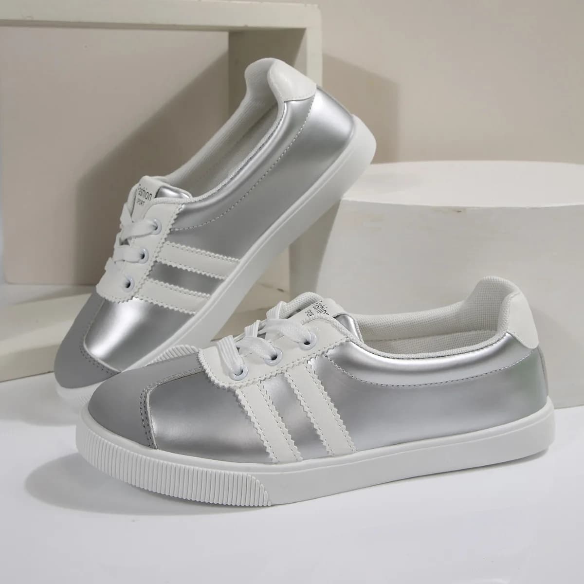 Korean Style Women Spring Autumn Sneakers Breathable Comfortable Thick Flat Sole Silver White Casual Daily Walking Sports Shoes