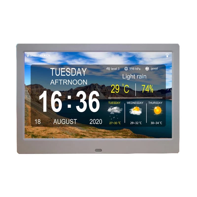 Display per cornice per foto con stazione meteorologica di grandi dimensioni da 10 pollici con allarme, promemoria per farmaci, calendario digitale, orologio da parete WIFI