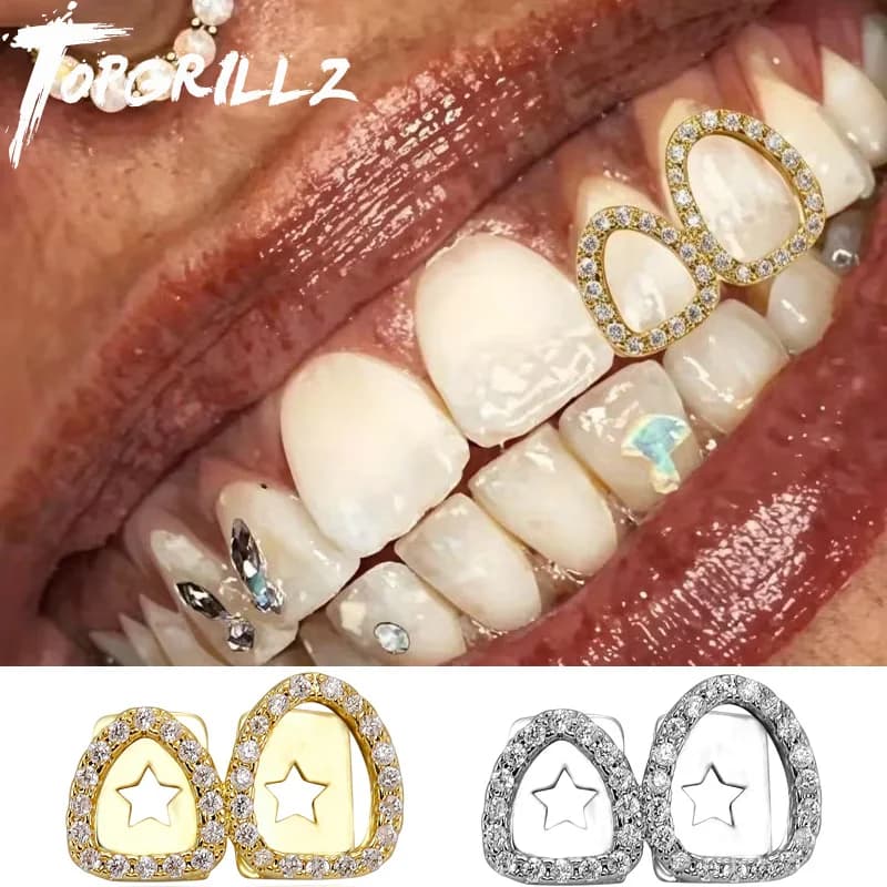 TOPGRILLZ Iced Out Double Hollow Shiny Zircon Teeth Grillz Fashion Full CZ Stones Tooth Caps For Women Men Jewelry Dental Grills