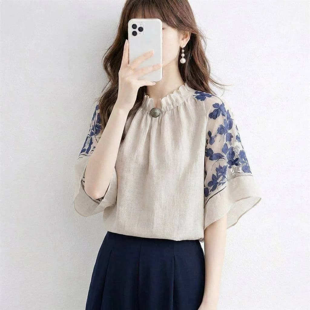 Summer 2026 Japanese Style Floral Print Halter Neck Short Sleeve Translucent Patchwork Elegant Lace Trim Top Women's Shirt