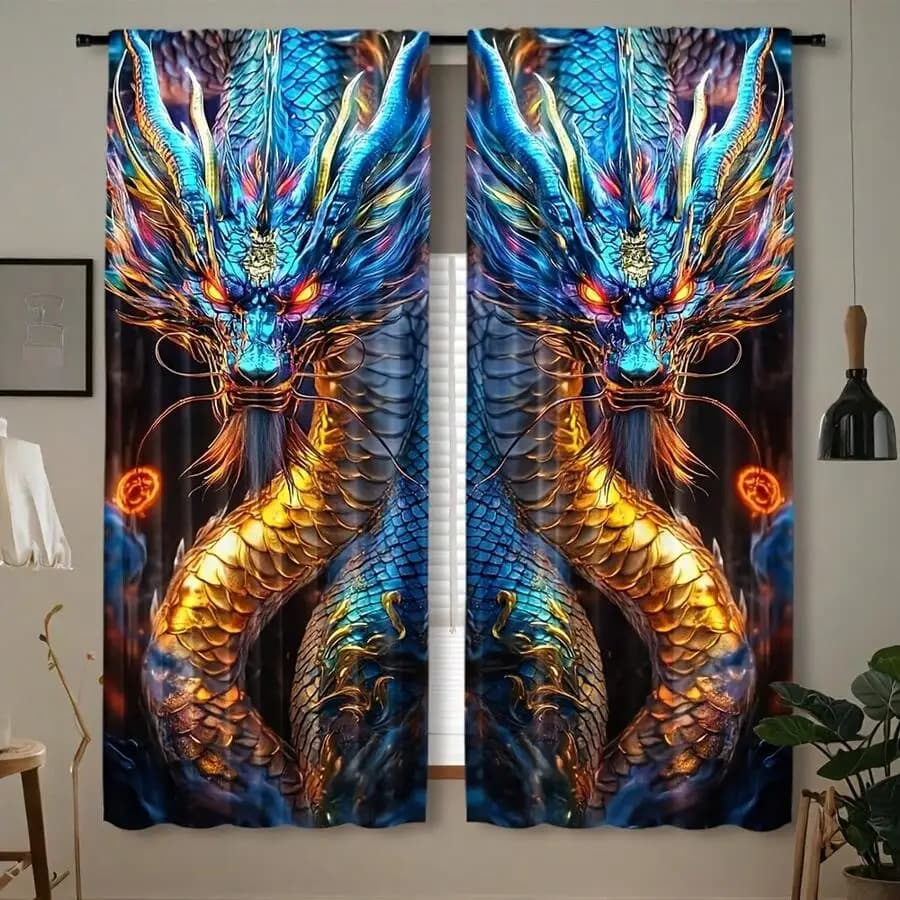 2pcs Dragon Print Blackout Curtains Polyester Rod Pocket Drapes For Living Room Bedroom Office