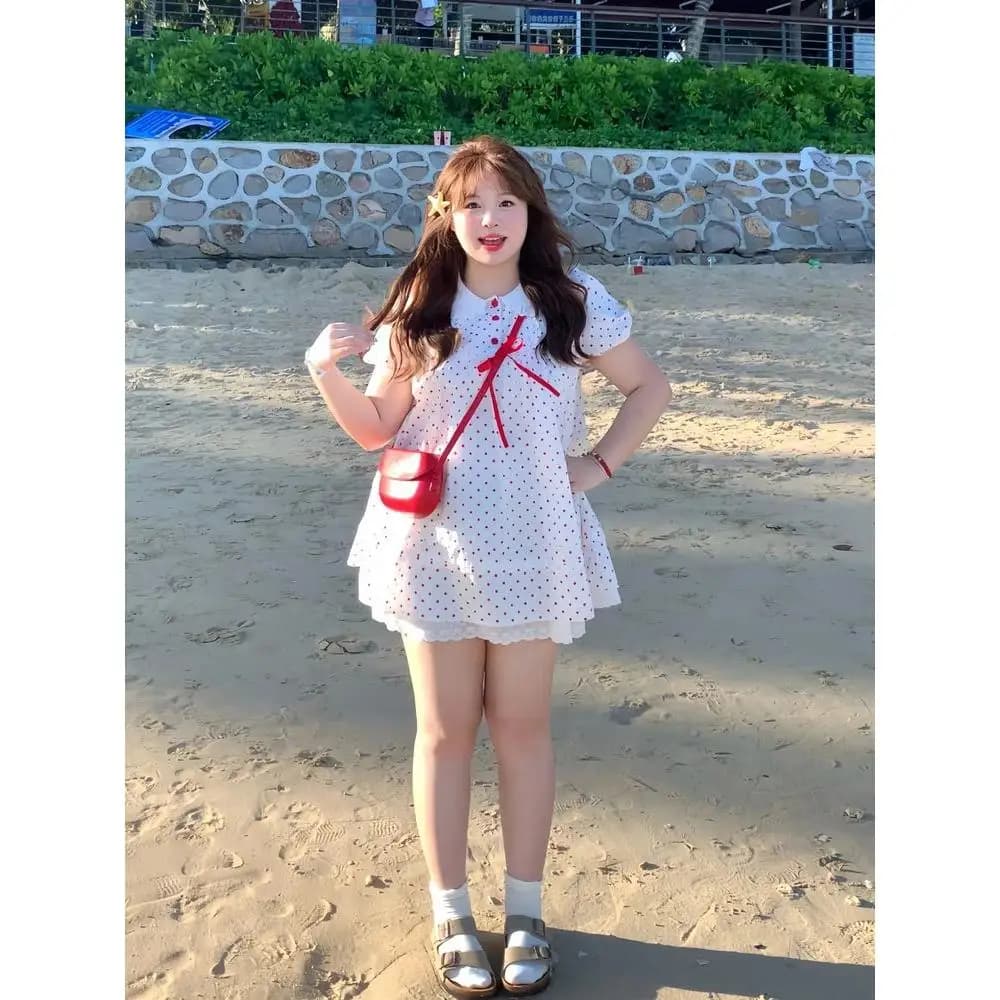 Sweet White Polka Dot Doll Collar Short Sleeve Loose Women's Dress Knot Casual Style Four Seasons Polyester Fabric