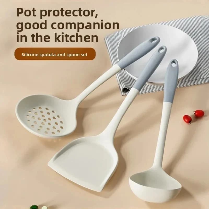 Collezione di utensili da cucina in silicone per alimenti: spatola resistente alle alte temperature, cucchiaio da zuppa, colino - Strumenti essenziali per non scottare.