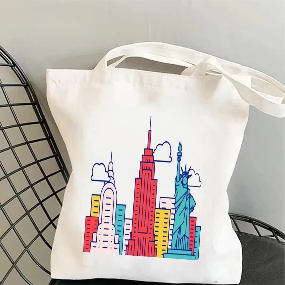 Colorful New York Skyline With Statue Of Liberty Canvas Tote Bag Spacious Handbag For City Sightseeing And Everyday Errands Use