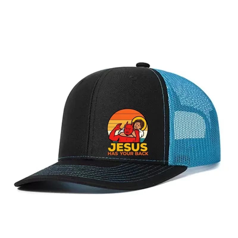 JESUS HAS YOUR BACK Printed Adjustable Baseball Cap Snapback Dad Hat Breathable Trucker Mesh Hat Golf Fishing Outdoor Sun Cap