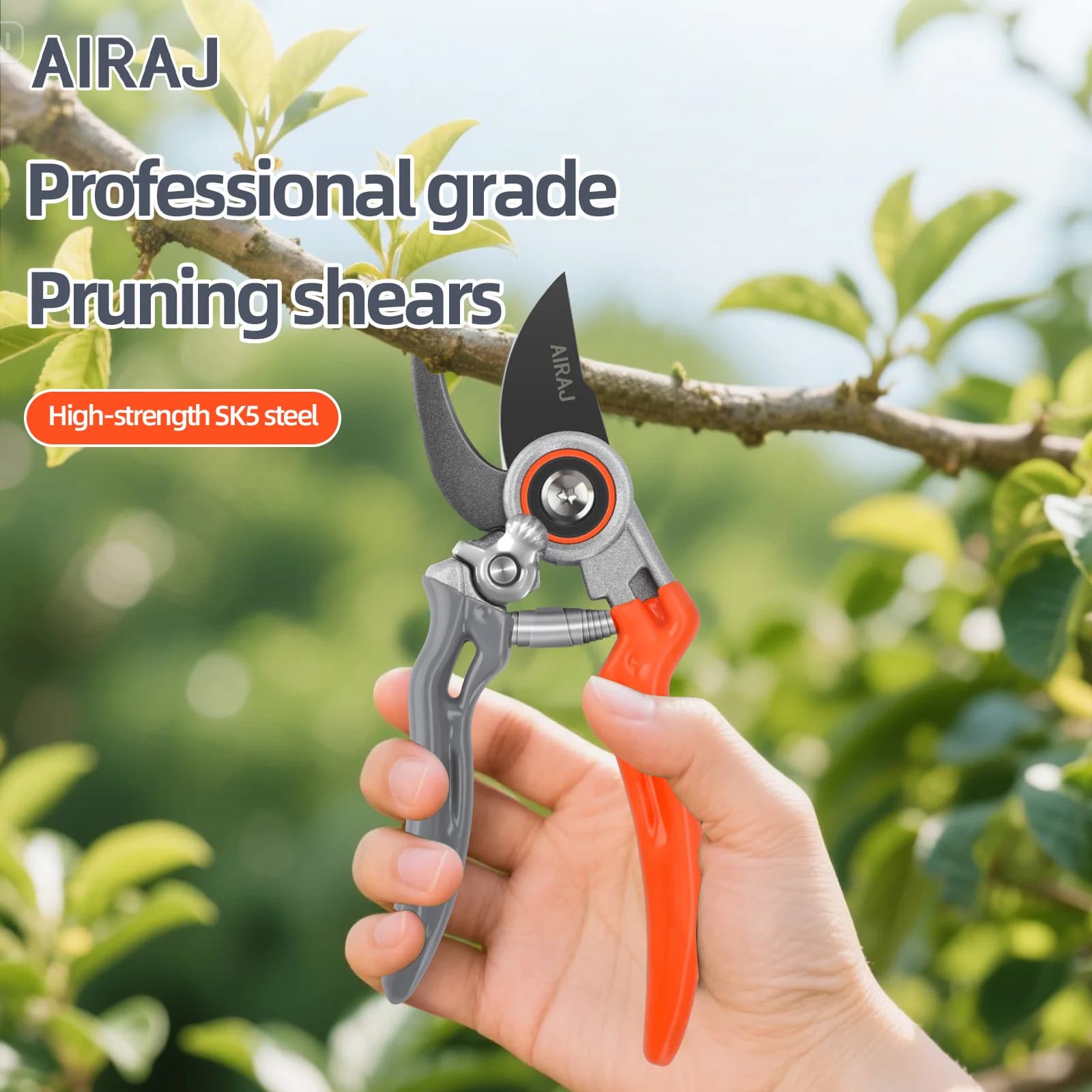 AIRAJ Power Scissors for Professional Gardening with Rubber Grip, Carbon Steel Blade and Integrated Spring for Stressless Cuts