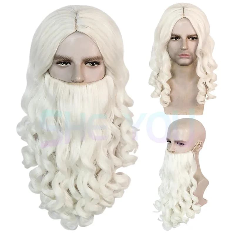 Set di capelli di Babbo Natale, parrucchino con barba bianca, acconciatura per le vacanze in costume, adatto per feste di Halloween e Natale