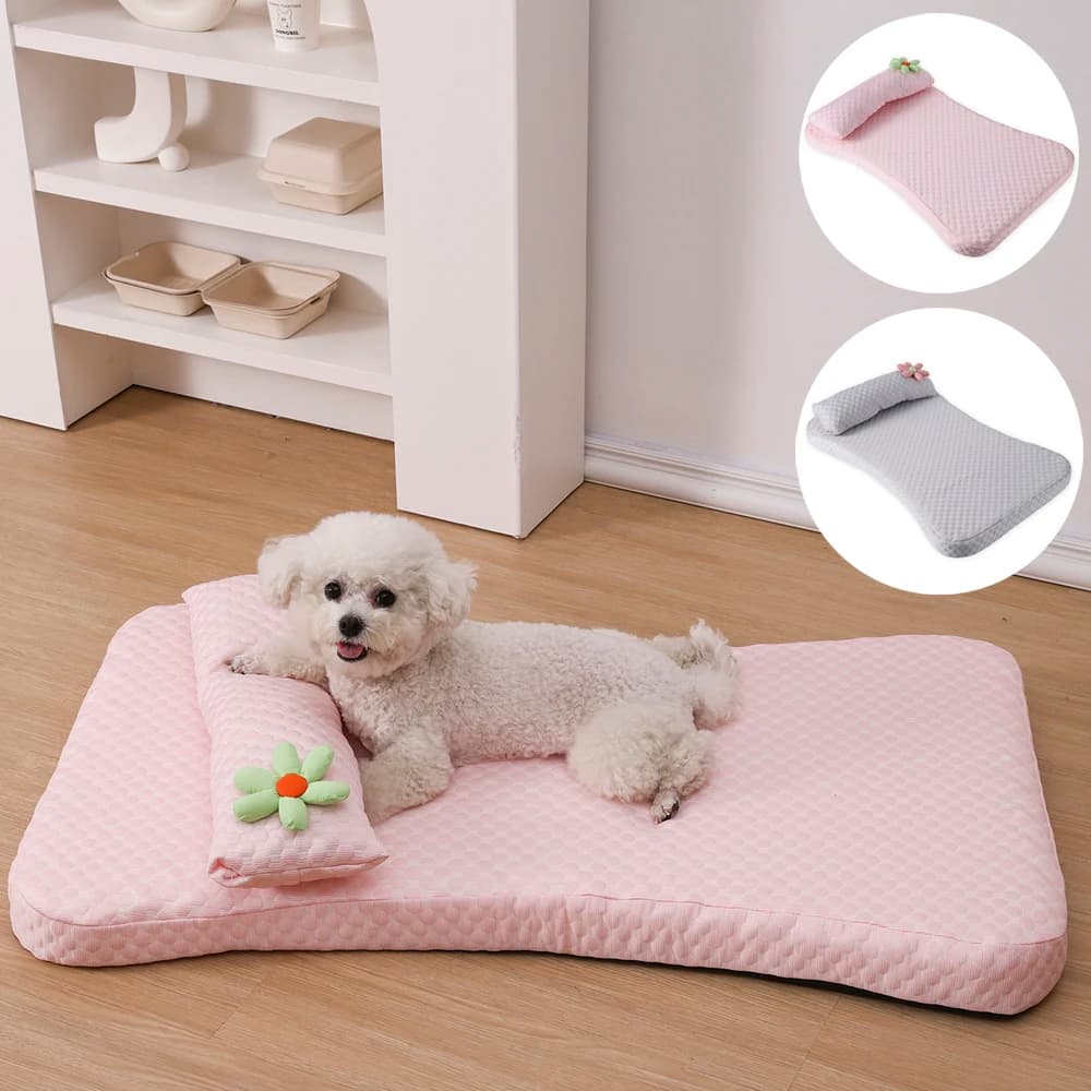 Cooling Square Medium Cat Bed Mat for Dog Basket Washable Soft Cat Sofa Elastic Puppy Kennel Small Dog Bed Nest with Pillow