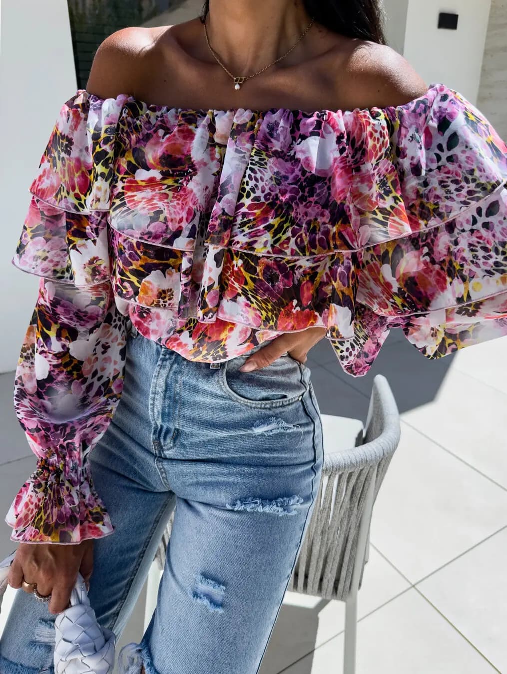 Off The Shoulder Ruffle Trim Floral Blouse Elastic Cuff Long Sleeve Daily Wear Top