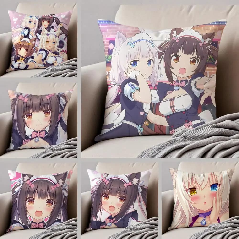 Fodera per cuscino Nekopara in poliestere resistente con bottoni a scomparsa, ispirata agli anime e ai visual novel giapponesi - Simpatica fodera per cuscino da sedia