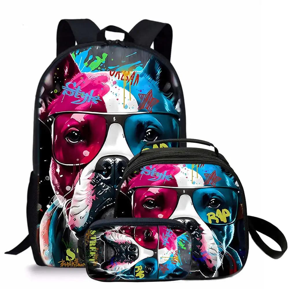 Trendy Popular Tricolor dog 3D Print 3pcs/Set Student School Bags Laptop Daypack Backpack Crossbody Lunch bag Pencil Case
