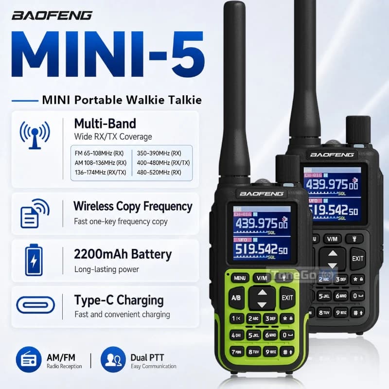 BAOFENG Mini 5 Walkie Talkie AM/FM Multi Band Bluetooth APP Programming Dual PTT Type-C NOAA 999CH Upgrade UV-5RMini TwoWayRadio