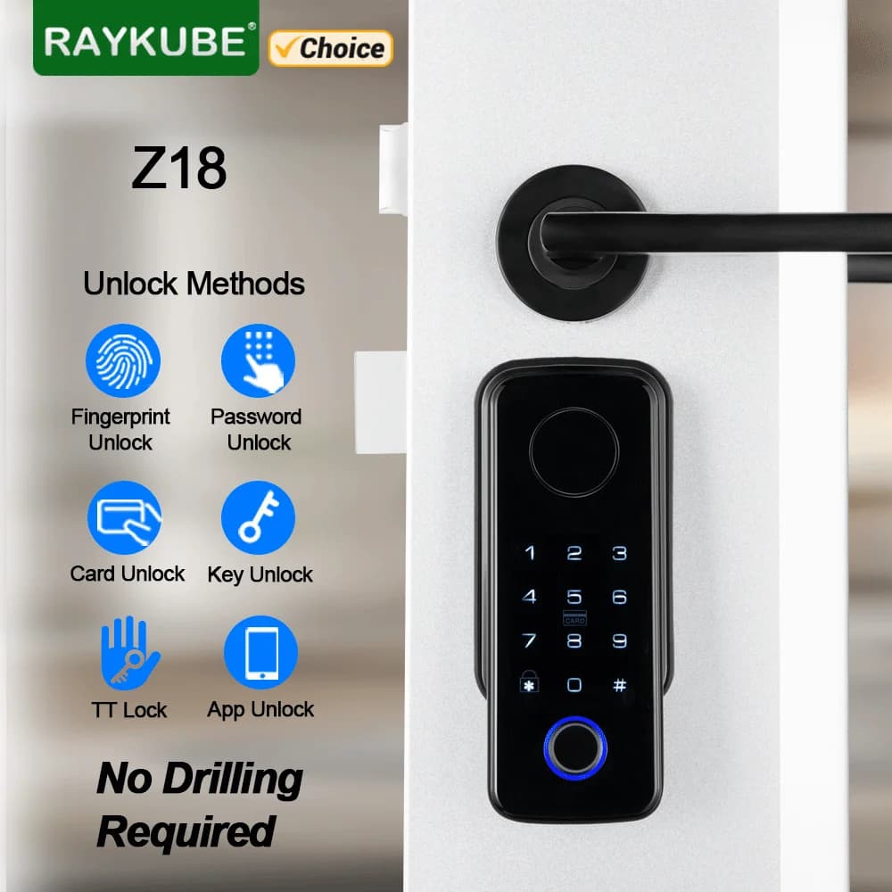 RAYKUBE Z18 TT Lock Serratura digitale intelligente con impronta digitale, sensore per porta, sblocco remoto tramite APP, facile installazione senza foratura