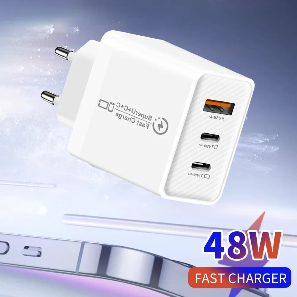 Caricatore rapido 3 in 1 USB 2 Type C 48W con spina US/EU/UK per iPhone Xiaomi Huawei Samsung, caricatore da parete con ricarica rapida PD.