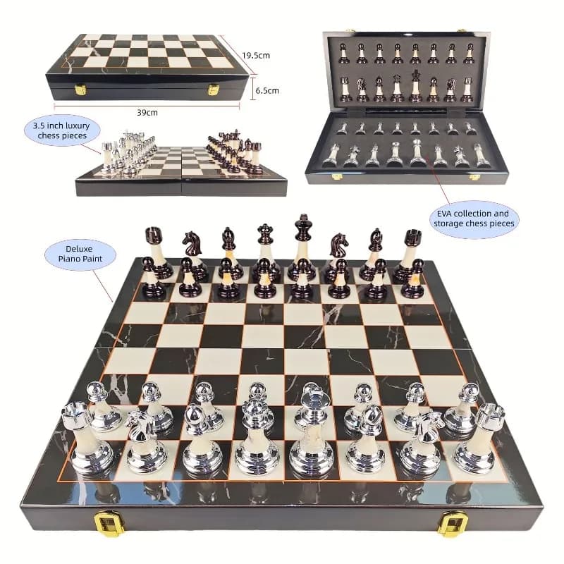 Set di scacchi in legno di lusso da 15 pollici - Tavola pieghevole portatile con pezzi simili al metallo acrilico per giochi da tavolo