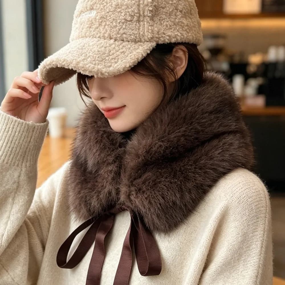 Fluffy Thicken Fur Collar Scarf with Ribbons Solid Color Women Scarves Keep Warm Neck Warmer Scarf Winter