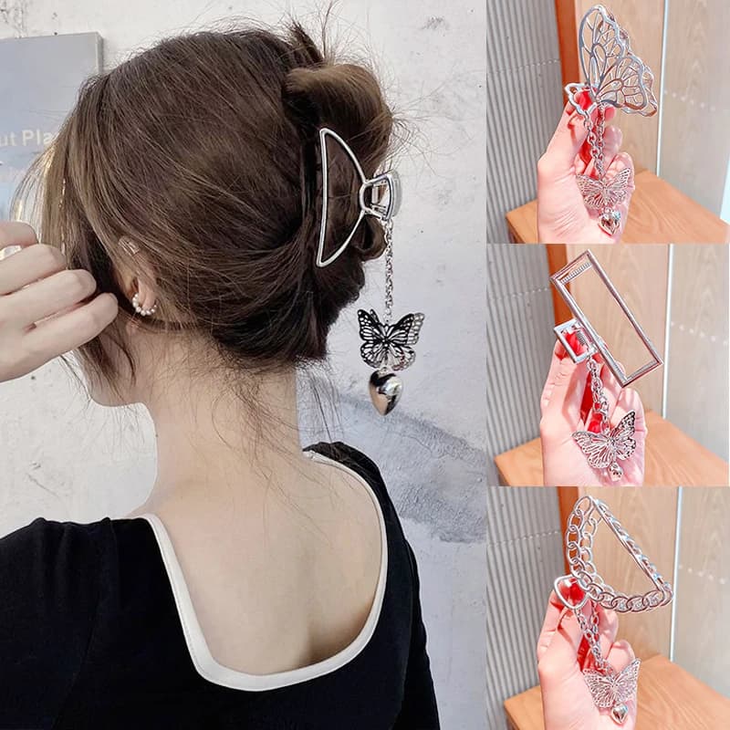Retro Butterfly Love Pendant Silver Goth Hollow Geometric Hair Claw Crab Clips for Women Metal Chain Hair Accessories