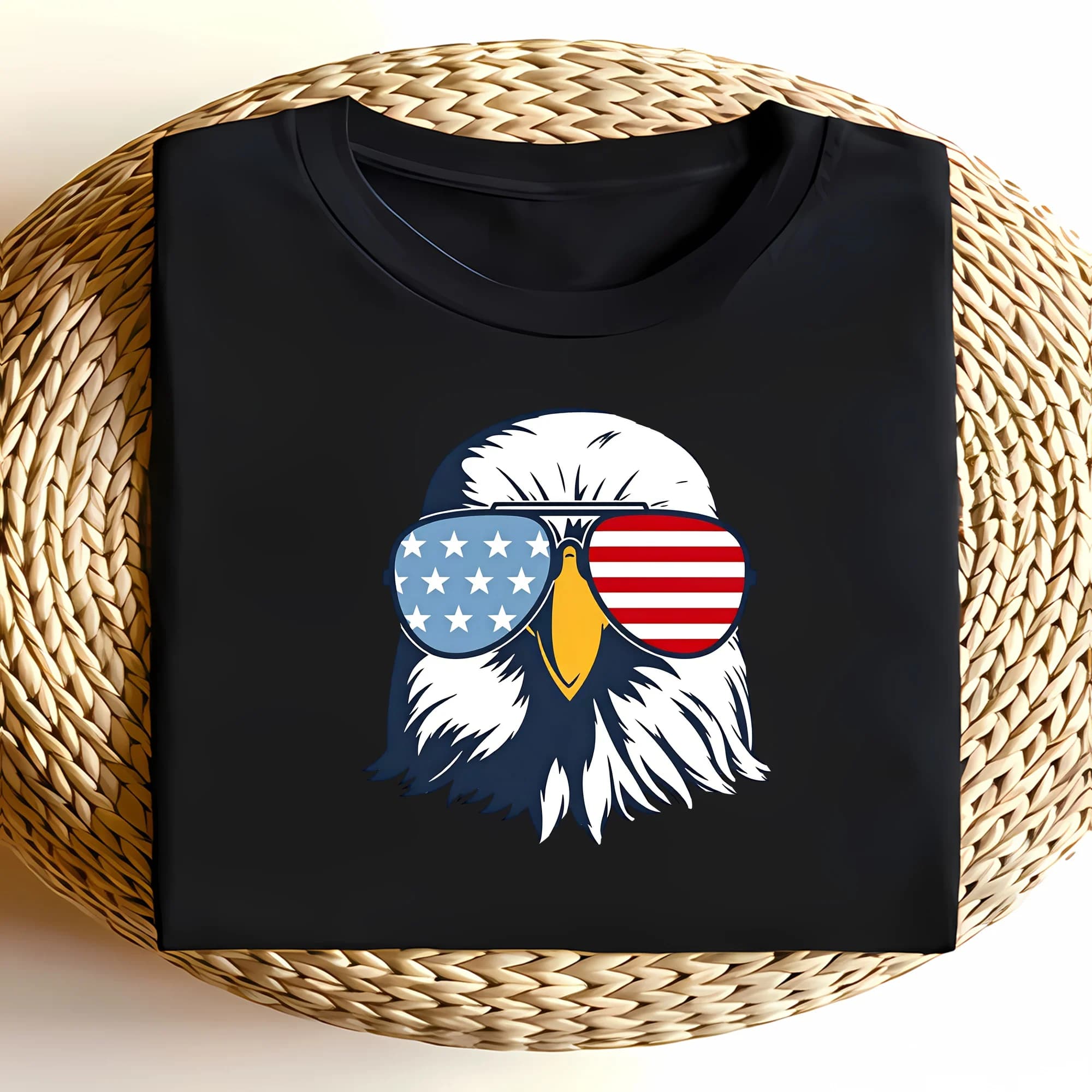 American Bald Eagle US Flag Sunglasses Print Crew Neck T-Shirt, Ultra Soft Breathable, 4th of July Casual Daily Wear