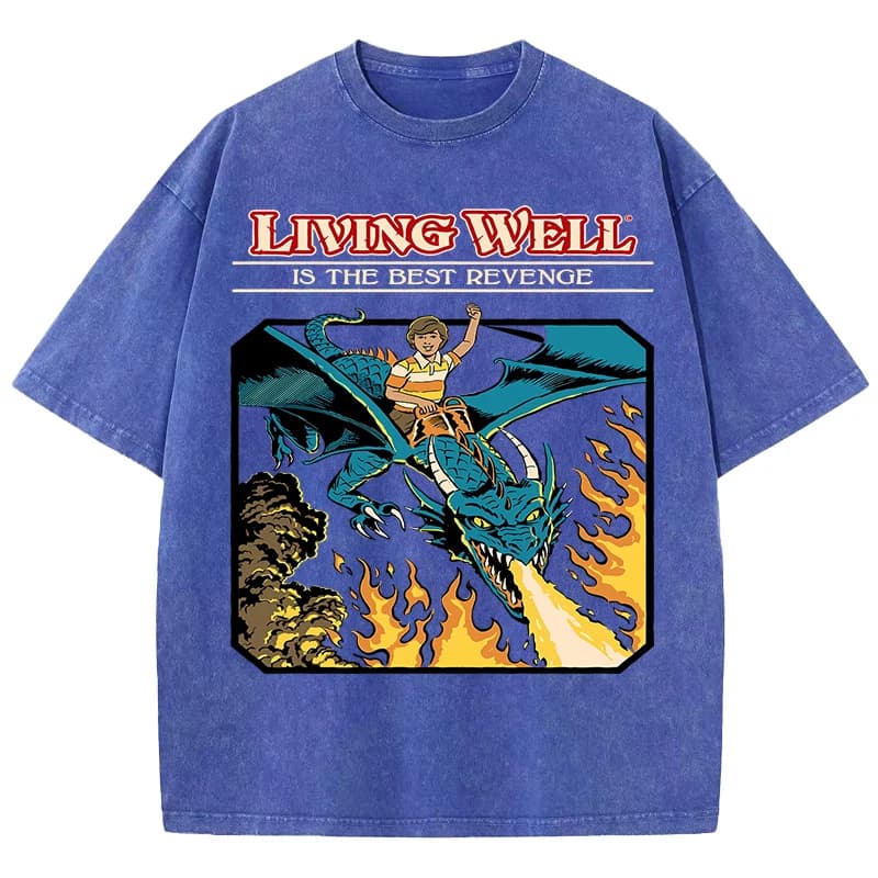 Una persona che cavalca un fuoco Respirazione DragonPattern Lavato T-shirt da uomo T-shirt casual in cotone Allentato Soft Top All-Match Clothes