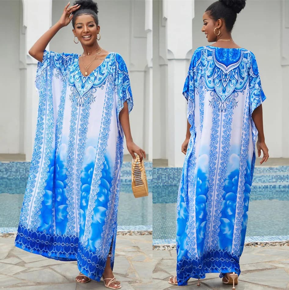 Loose Style Blue Kaftan Beach Dress Summer Women V Neck Beachwear Cotton Tunic Oversize Bikini Cover-ups Robe De Plage Sarong