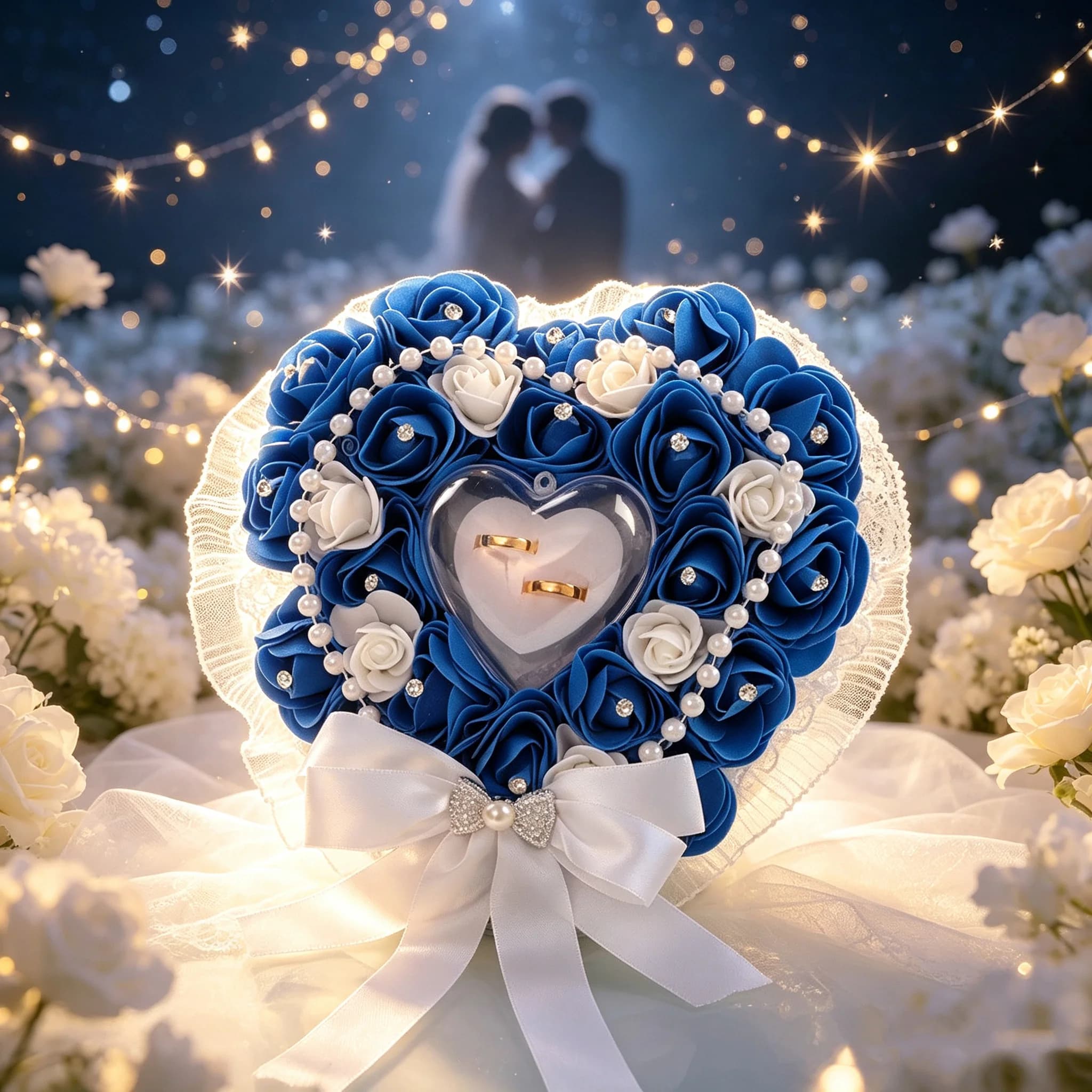 A wedding ring pillow, a new bride's item with blue-brown decoration