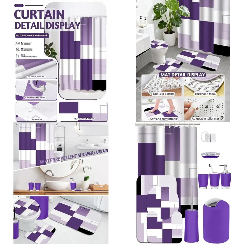 Set completo da bagno geometrico viola da 22 pezzi: tenda da doccia, tappeti, pattumiera, scopino e dispenser di sapone