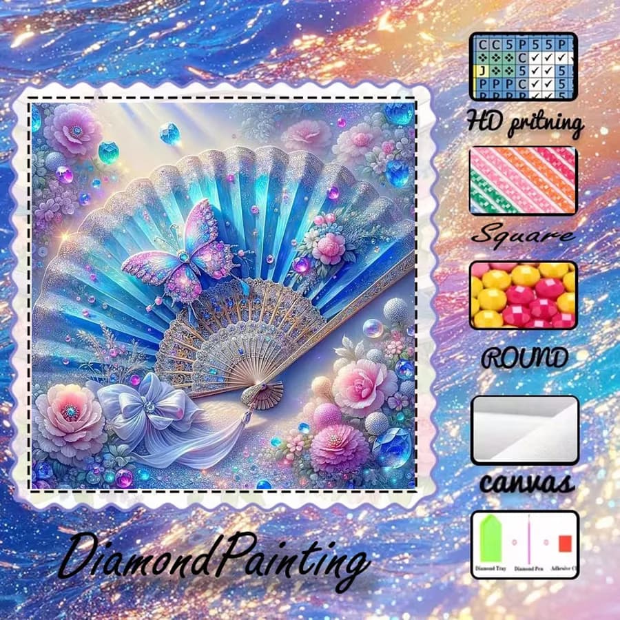 1 pezzo - 5D-DIY - Tessuto floccato - Trapano speciale - Set per pittura con diamanti - Ventaglio, farfalla - Mosaico - Arte con diamanti