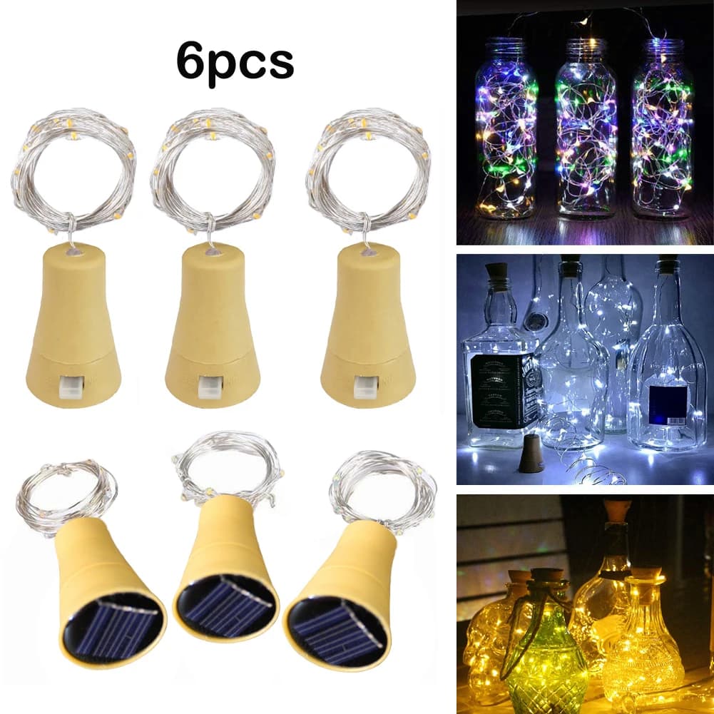 6 luci solari per bottiglie di vino, 20 luci a LED impermeabili a forma di sughero in rame, luci a corda lucciola per feste di matrimonio fai da te all'aperto