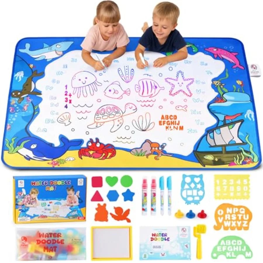 Tappetino per disegnare con l'acqua - Vita Marina 40 x 32 M - Tappetino per disegnare con l'acqua per bambini dai 3 agli 8 anni con rullo, pennarelli, penne ad acqua, forme in schiuma