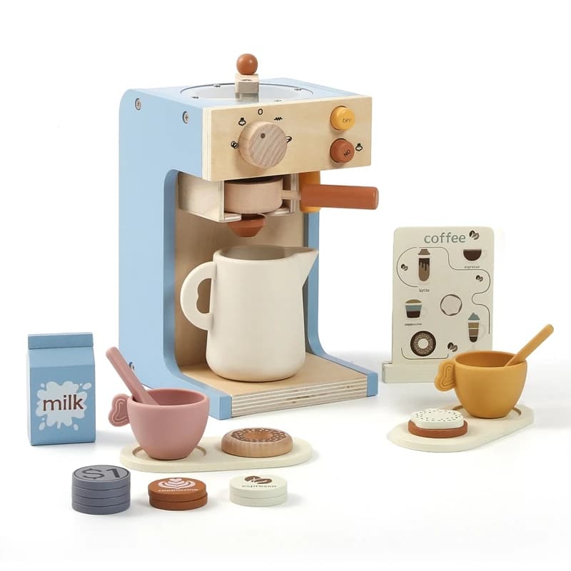 Set di Giocattoli da Cucina per Bambini, Macchina del Caffè in Legno, Gioco di Simulazione Tè del Pomeriggio con Ciambelle, Giocattolo Educativo per Bambini, Regalo per Ragazze e Ragazzi