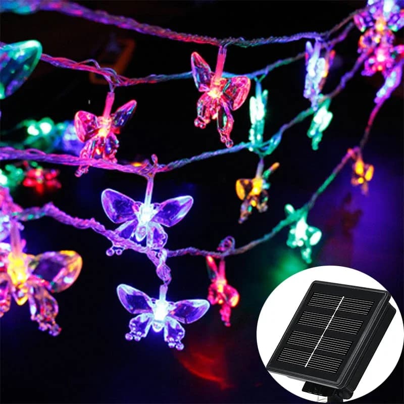 Luci a stringa solari per esterni con farfalla di cristallo 20/30/50/100 Luce a LED 8 modalità IP65 Lampada natalizia da strada con ghirlanda da patio impermeabile