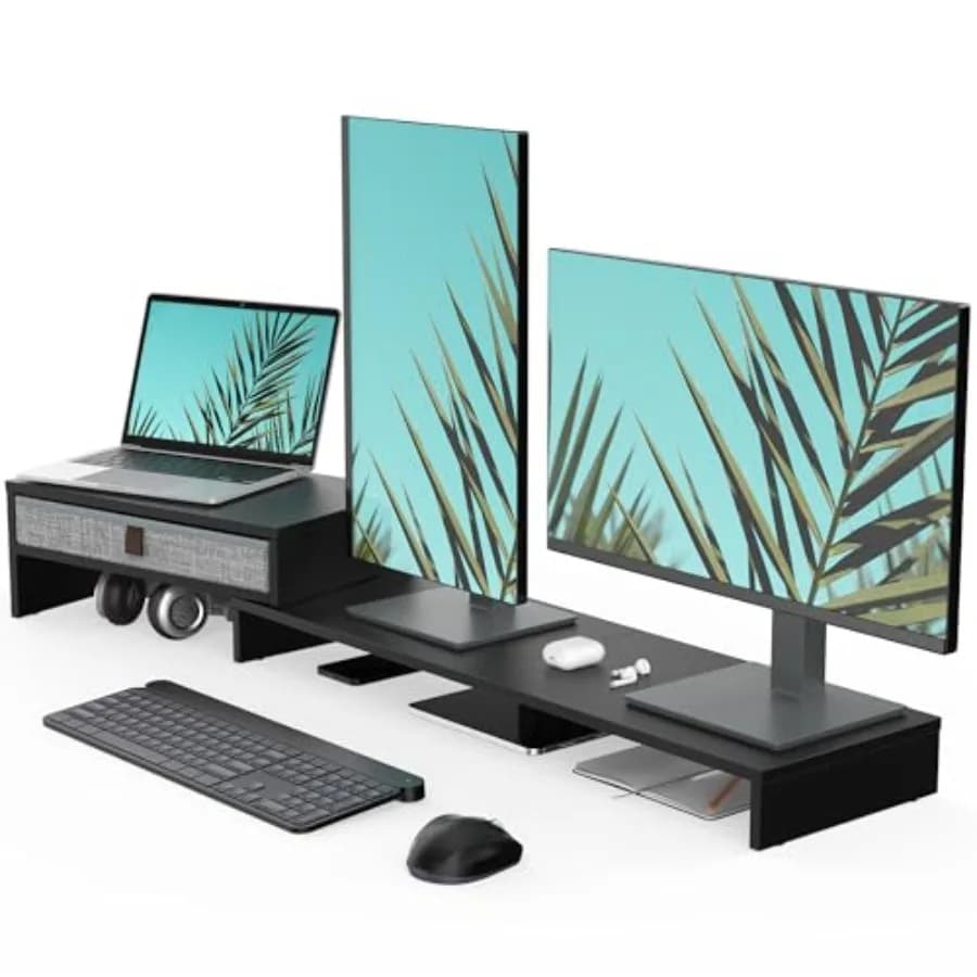 Supporto per Monitor con Cassetto per 2 o 3 Monitor, Lunghezza e Angolazione Regolabili, Stand per Laptop da Scrivania, Organizzatore da Ufficio