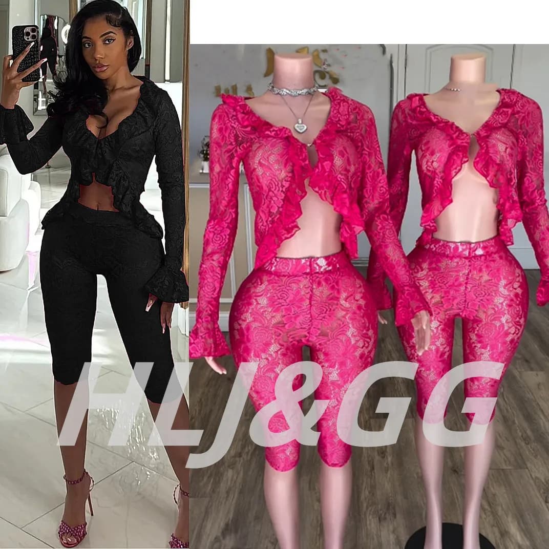 FAGADOER Sexy lace see through set of 2 pieces women's dress knit digs out crop top and shorts female dress Y2K streetwear clothing