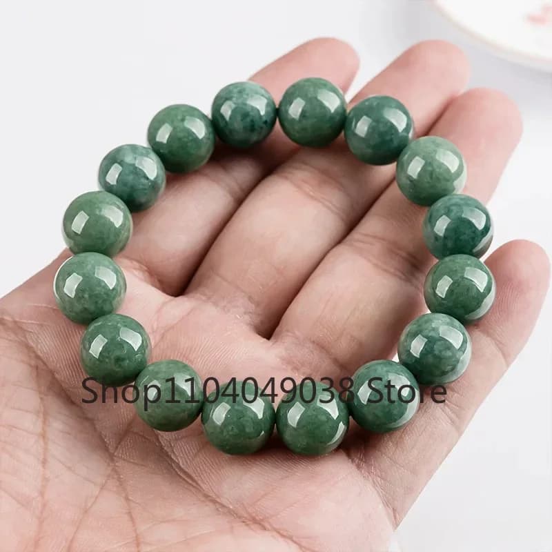 Bracciale con perle rotonde in giada naturale di grado A, verde fagiolo intenso, bracciale con perle di giada ghiaccio, gioielli da uomo e da donna, bracciale portafortuna