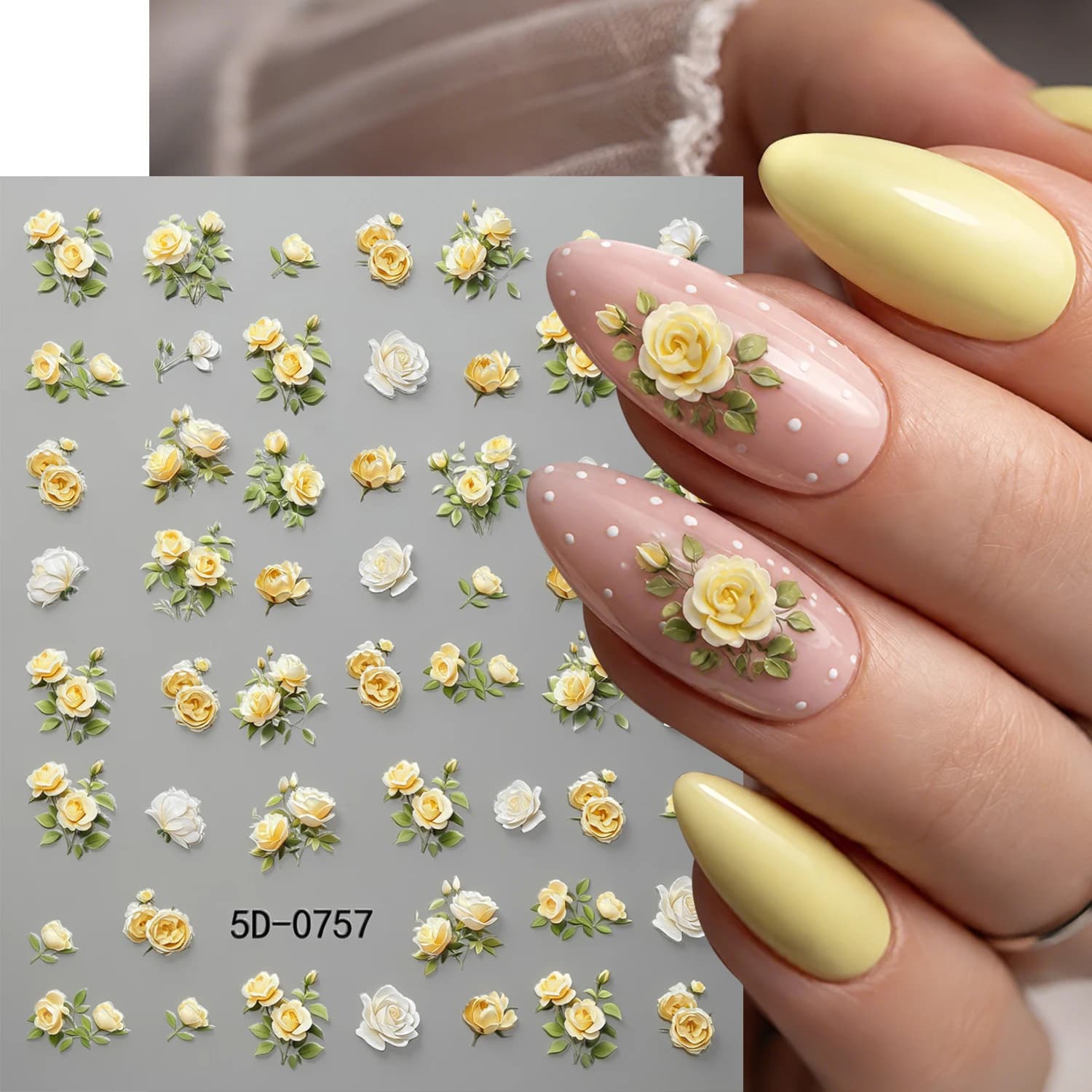 1 Foglio di Adesivi per Unghie 5D con Rose Gialle e Bianche, Decorazioni per Unghie con Foglie Verdi in Rilievo, Decorazioni Floreali Autoadesive per Nail Art Primaverile