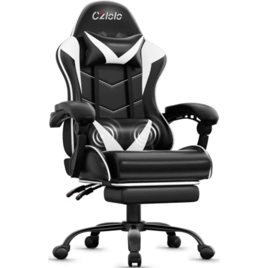 Gaming Chair with Footrest, Racing Style, Black PU Leather, Ergonomic Lumbar Support Massager, Metal Legs, High Back Reclining,