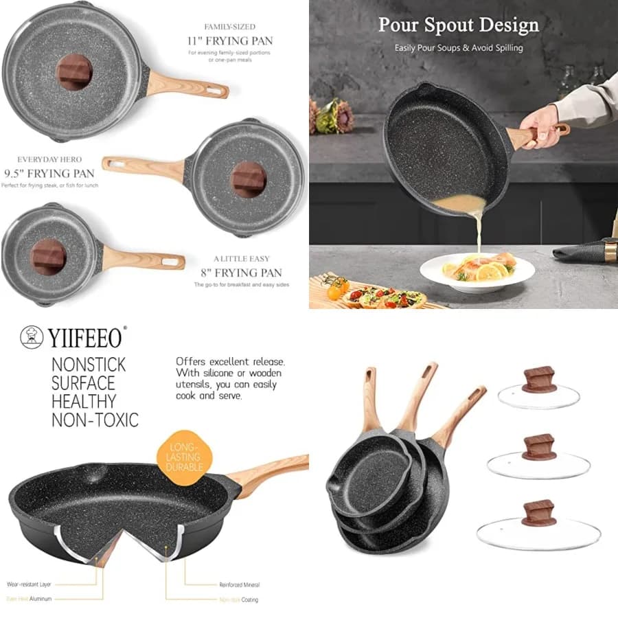 Set di padelle antiaderenti con coperchi, set di padelle in granito, padelle per uova e omelette, set di pentole da cucina non tossiche C