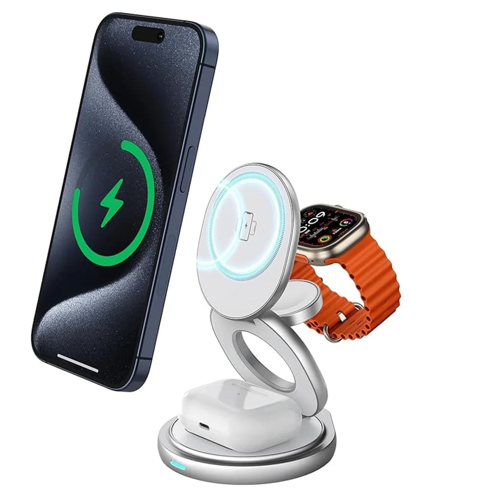 3 in 1 magnetico 360 ruota supporto per caricabatterie Wireless in metallo per iPhone 15 14 13 12 Apple Watch 9 8 Airpods stazione di ricarica rapida