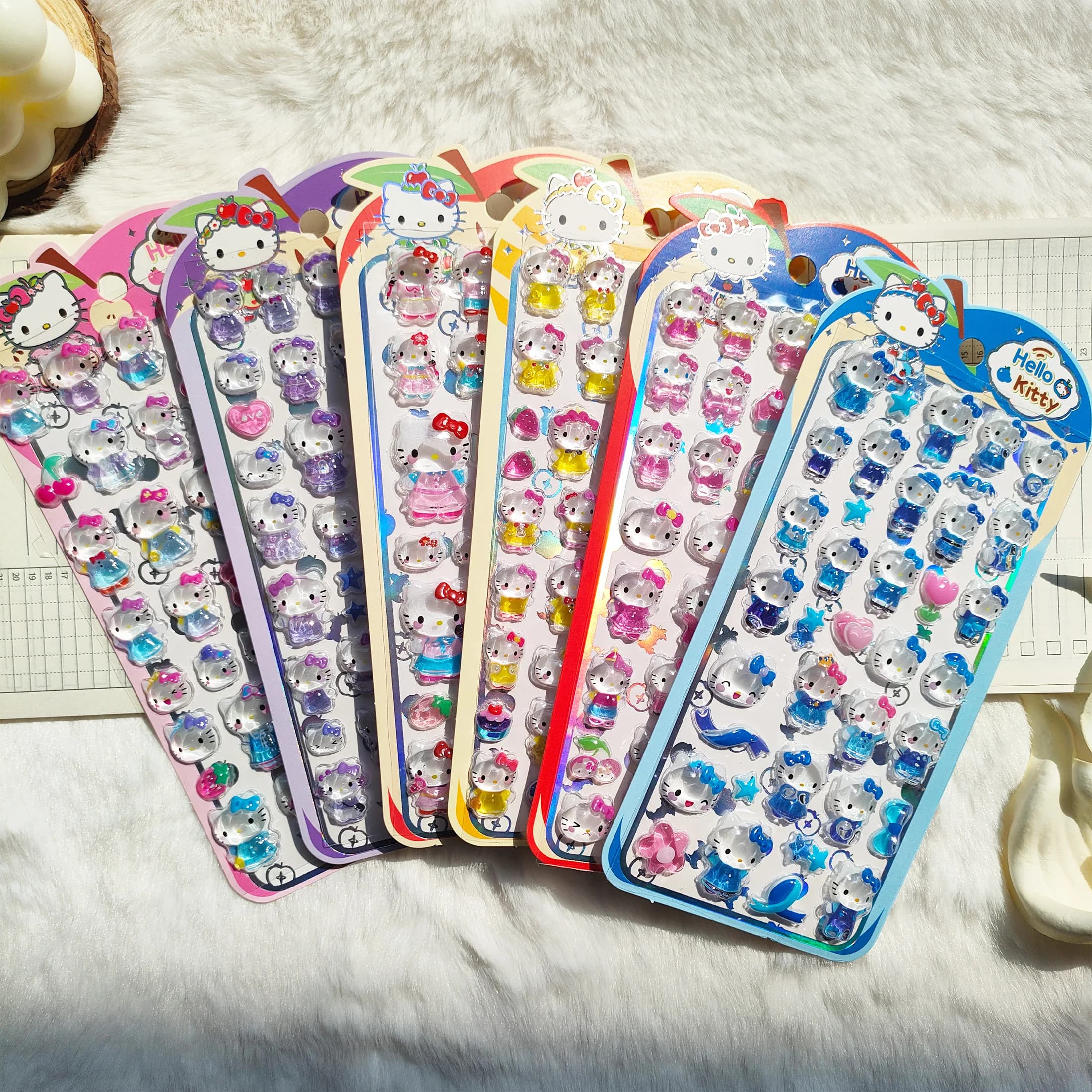 3D Crystal Apple Kitty Stickers - 6-12pcs Cute Apple Decals Great for Girls Phone Case DIY Kawaii Exchange Gift Decoration