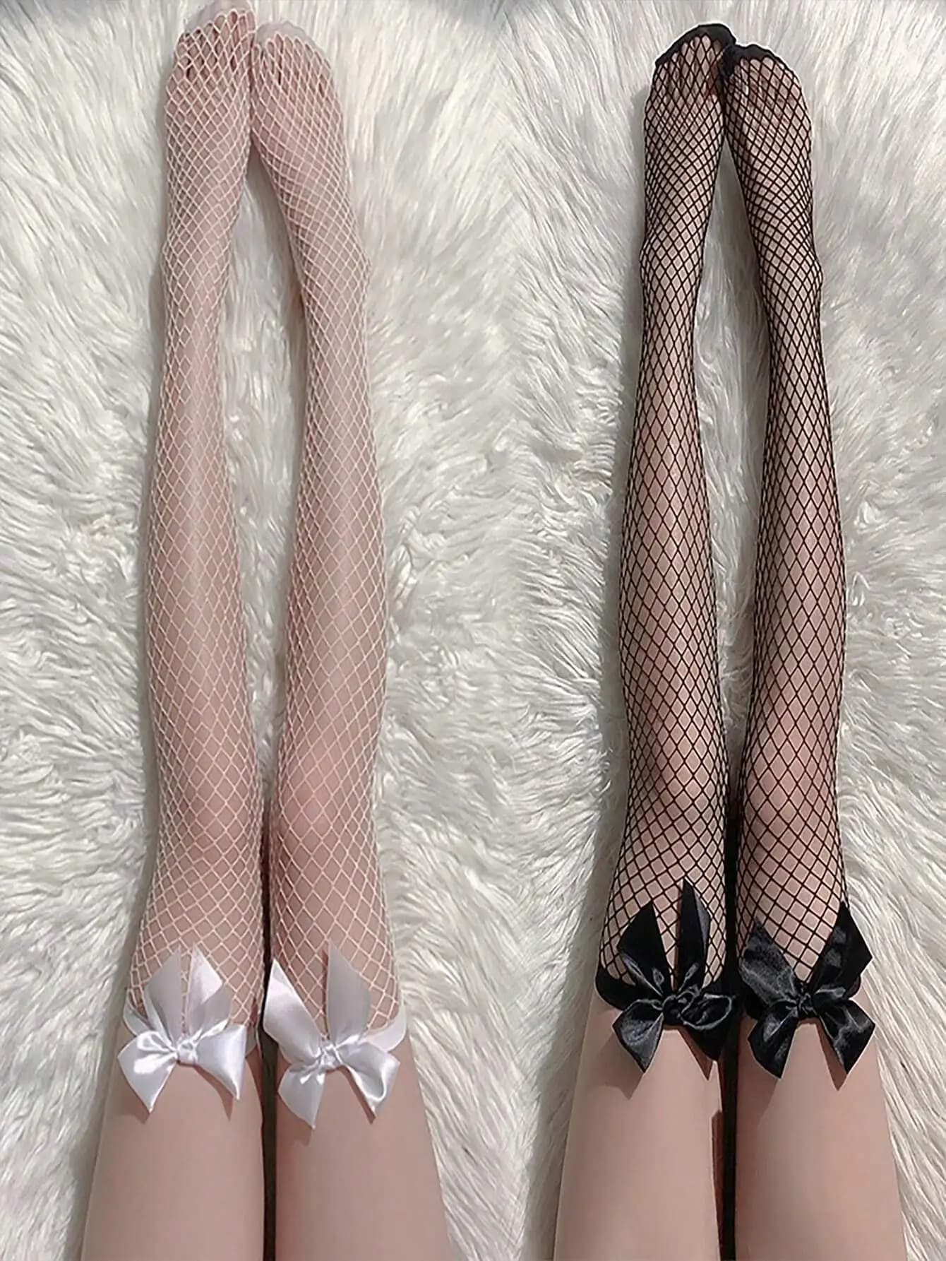 3 paia di calzini a rete con fiocchi - bianco e nero per stile Lolita, gotico, Y2K