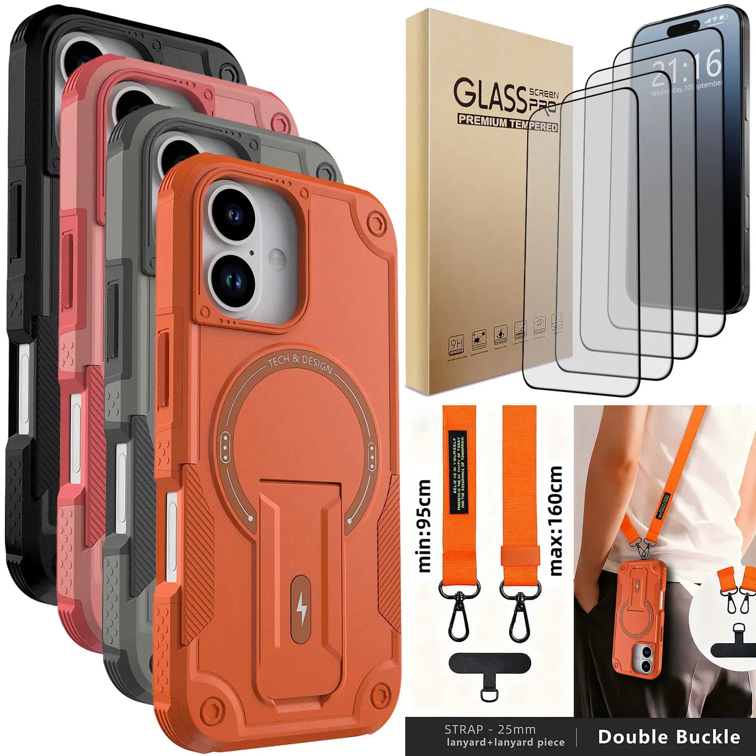 Per iPhone 17/17 Air/17 Pro/17 Pro Max Custodia magnetica con cavalletto + catena del telefono + 4 pezzi Proteggi schermo in vetro temperato trasparente