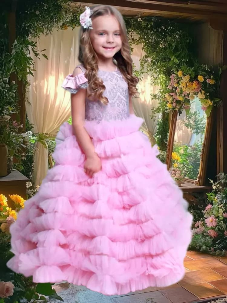 Bellissimo abito da ragazza di fiori rosa senza maniche in tulle soffice a strati abiti da sera da ballo principessa abiti da festa di compleanno per bambini