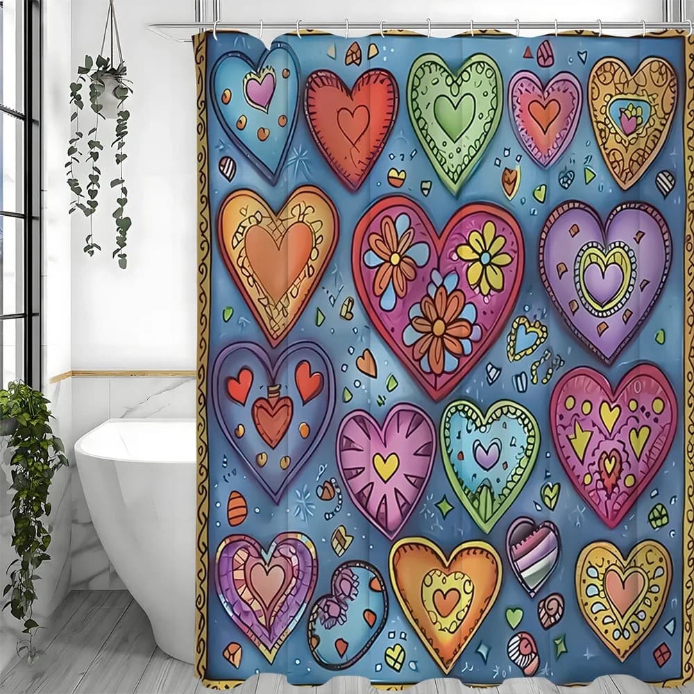 Tenda da doccia con motivo decorativo Cartoon Love, tenda da doccia decorativa per bagno, tenda da doccia impermeabile con ganci