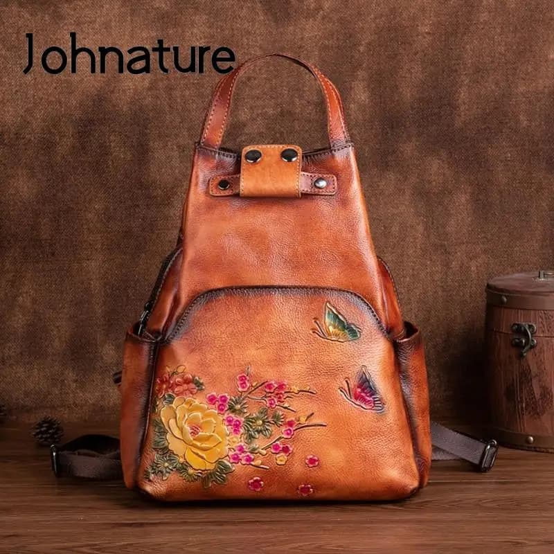Johnature Genuine Leather Embossed Shoulder Bag Women Backpack 2026 New Retro Large Capacity Nature Cowhide Travel Backpacks