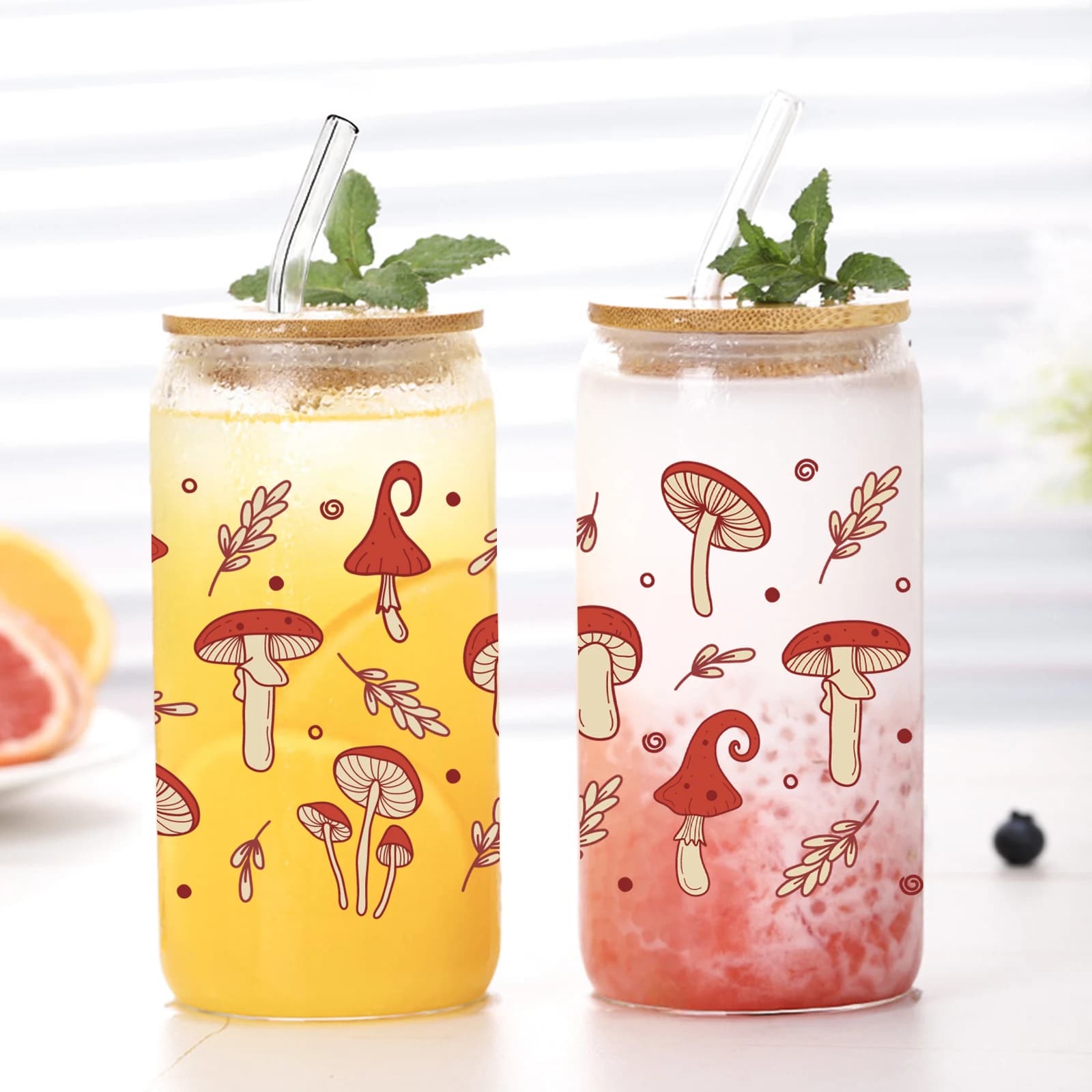 1pc Red Mushroom Pattern Coffee Can Glass 3d Printed 16oz Soda Can con coperchio e bicchiere di paglia Iced Coffee Cup Mug Beer Glass Can