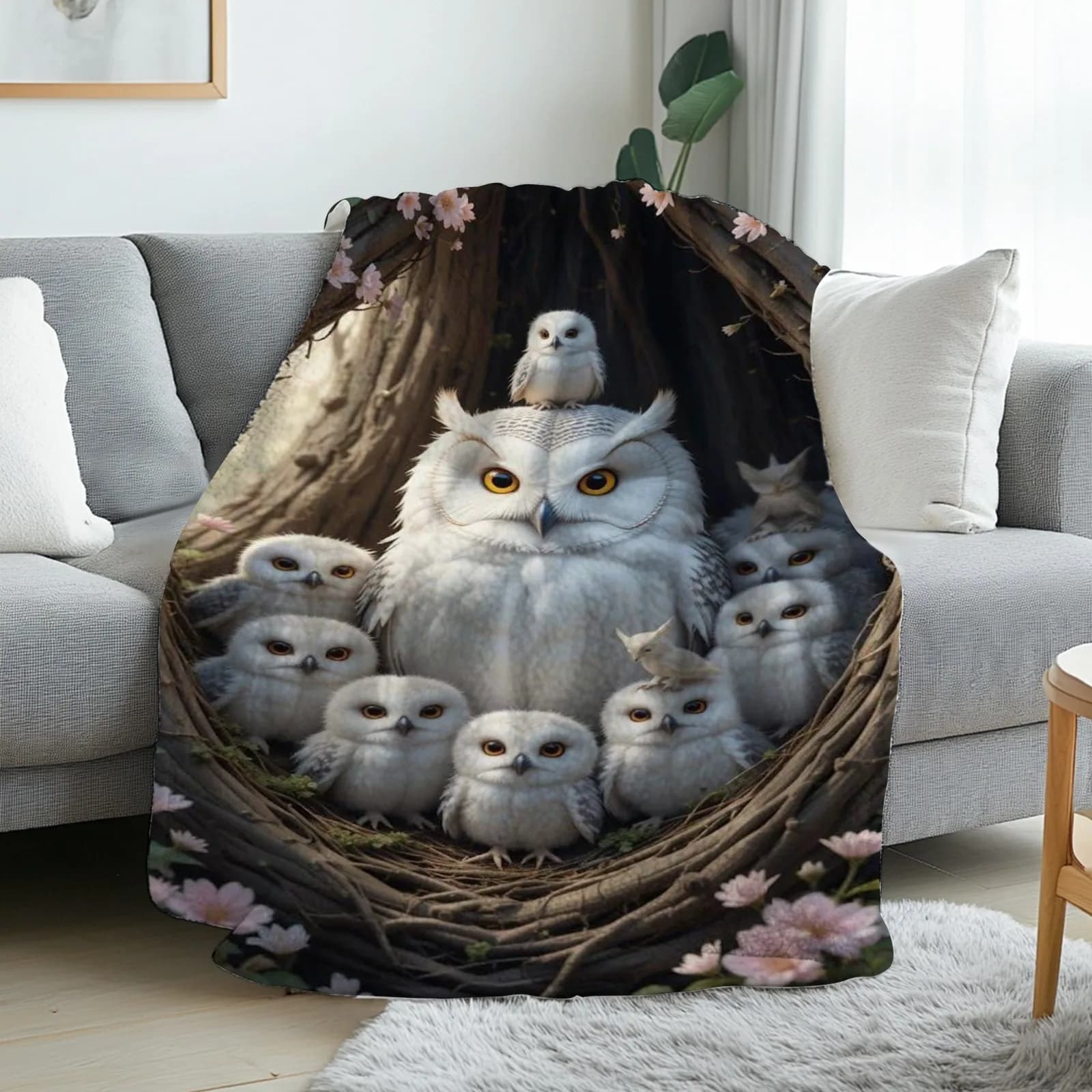 Flannel cover for family owl - Soft and warm bed for all seasons with snowy owl design - Cosy sofa bed, bed, room furniture