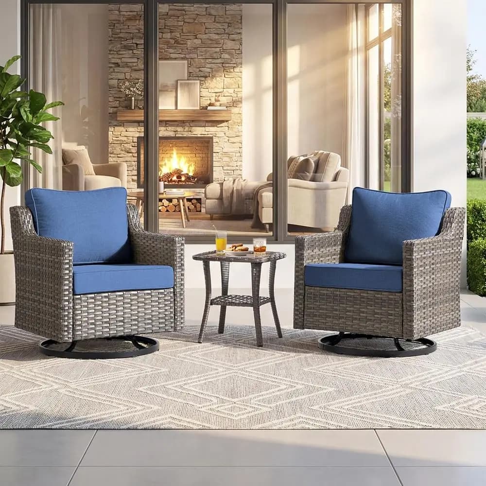 Set di Mobili da Esterno in 3 Pezzi: Sedie da Patio con 4 Cuscini, Sedie Girevoli a Dondolo in Vimini e Tavolino Laterale - Ideale per Giardino, Terrazza