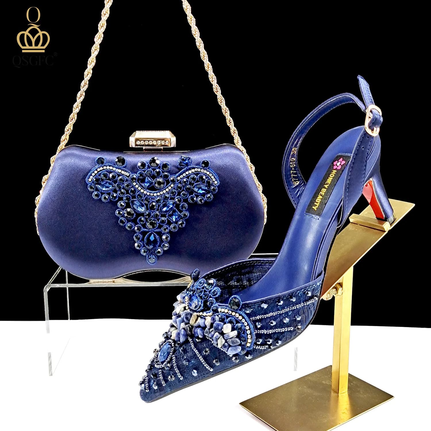 QSGFC Set di scarpe e borse con tacco da donna eleganti in stile nigeriano con strass e scarpe in corallo per la festa di nozze