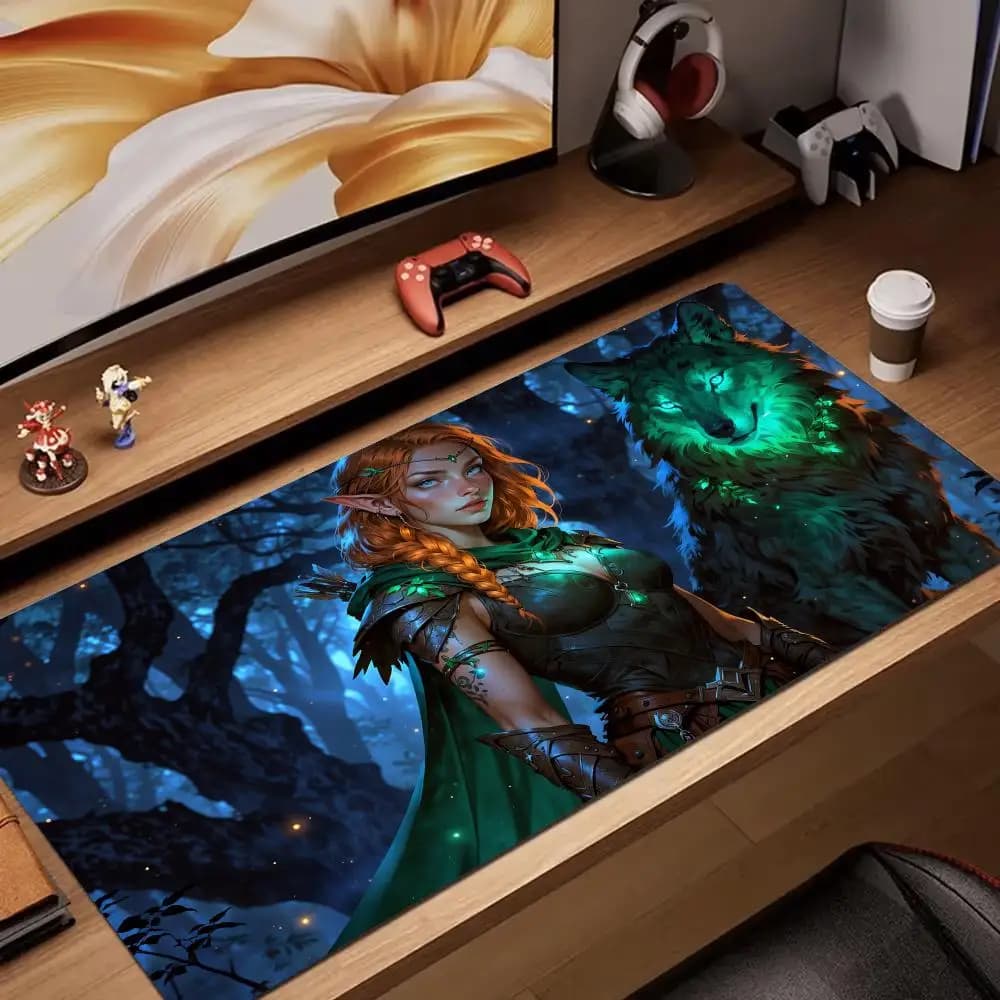 Misterioso Elfo e Lupo anime Mouse Pad in gomma antiscivolo Tappetino da scrivania gamer accessori per PC Tappetino da gioco espansione tastiera mousepad